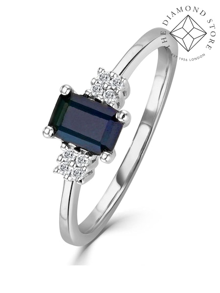 The Diamond Store 9K White Gold Sapphire 6 x 4mm And Diamond Ring (F27165) | £315