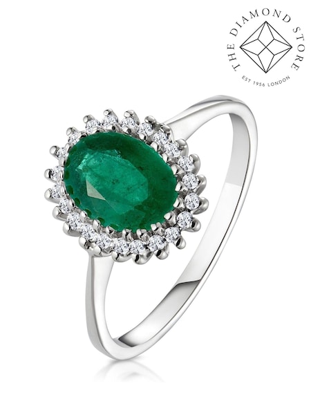 The Diamond Store 9K White Gold Emerald 8 x 6mm And Diamond Ring (F27181) | £779