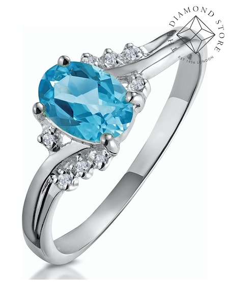 The Diamond Store 9K White Gold 0.94ct Blue Topaz and Diamond Ring (F27290) | £269