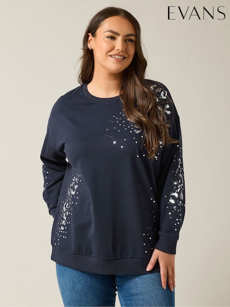 Evans Blue Animal Print Sequin Sweat Top (F27453) | £42