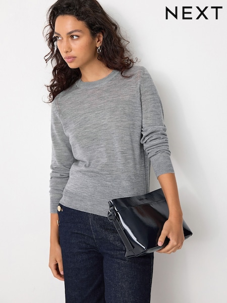 Grey 100% Merino Wool Long Sleeve Crew Neck Jumper (F27455) | £38