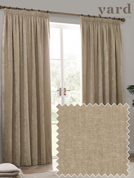 Yard Natural Heavy Chenille Velvet Room Darkening Pencil Pleat Curtains (F27465) | £68 - £175