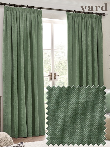 Yard Eucalyptus Heavy Chenille Velvet Room Darkening Pencil Pleat Curtains (F27472) | £68 - £175