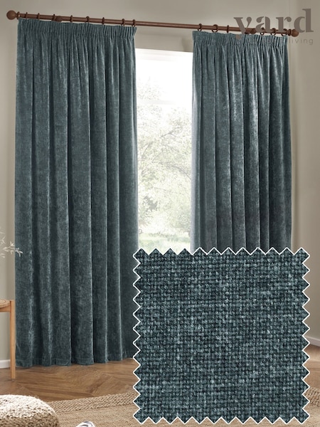Yard Marine Heavy Chenille Velvet Room Darkening Pencil Pleat Curtains (F27479) | £68 - £175