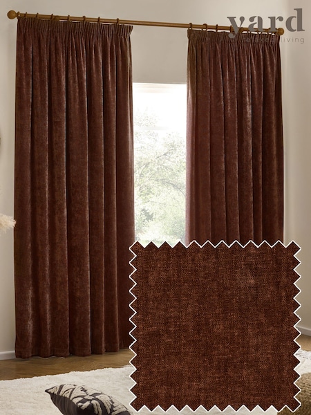Yard Nutmeg Heavy Chenille Velvet Room Darkening Pencil Pleat Curtains (F27554) | £68 - £175