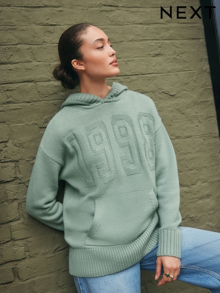 Sage Green Graphic Knitted Hoodie Jumper With Wool (F27636) | £49