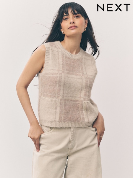 Neutral Check Brushed Crew Neck Knitted Pocket Tank (F27641) | £32
