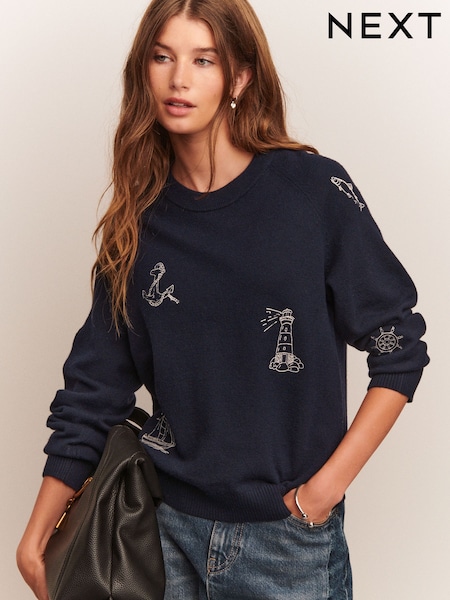 Navy Blue Embroidered Super Soft Crew Neck Long Sleeve Jumper (F27642) | £30
