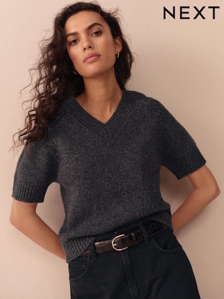Charcoal Grey 100% Lambswool V Neck Knitted Short Sleeve Jumper (F27673) | £38