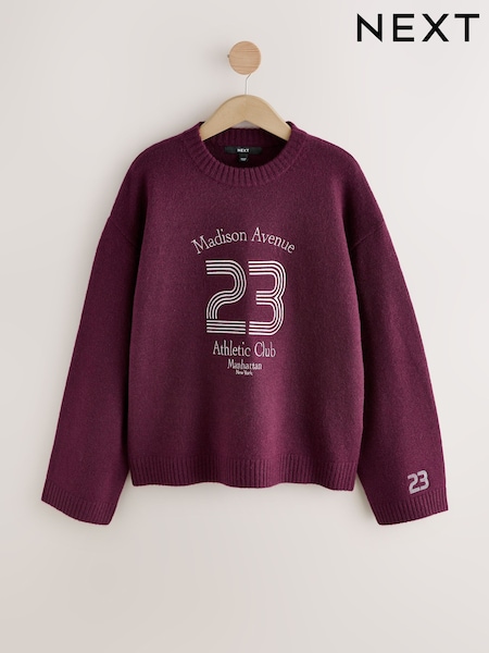 Burgundy Red Sports Graphic Embroidered Jumper With Wool (F27676) | £36