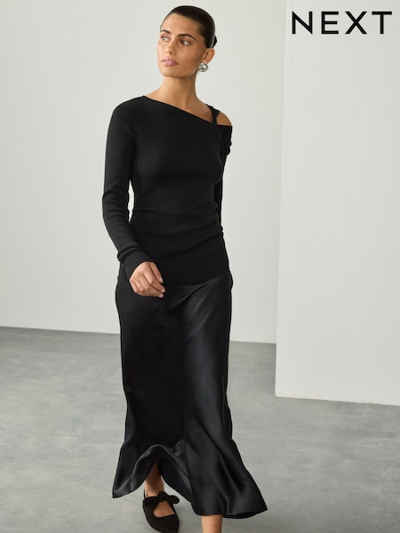 Black Soft Touch Cotton Rich Twist Shoulder Long Sleeve Jumper (F27682) | £29
