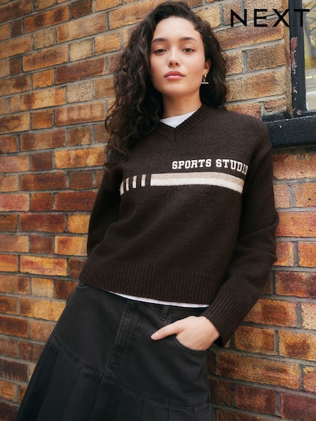 Chocolate Brown Sports Slogan V-Neck Knitted Jumper (F27684) | £32
