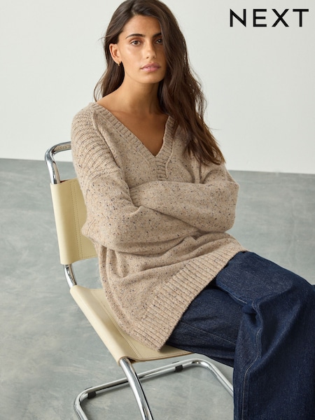 Neutral Neppy Cotton And Wool Blend Longline V-Neck Jumper (F27689) | £34