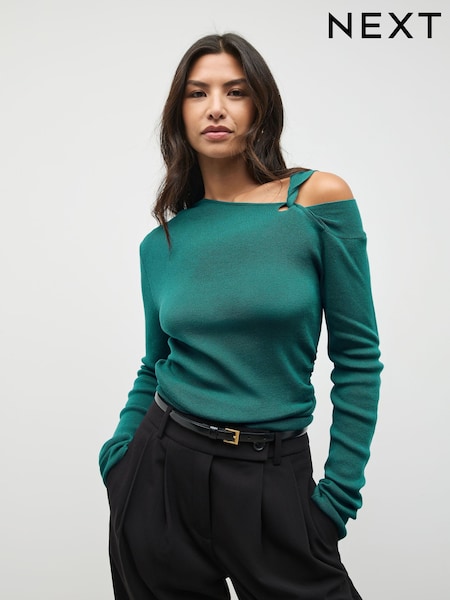 Teal Blue Soft Touch Cotton Rich Twist Shoulder Long Sleeve Jumper (F27692) | £29