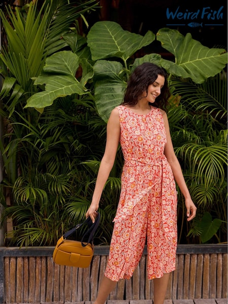 Weird Fish Red Nalani Viscose Printed Jumpsuit (F27717) | £60