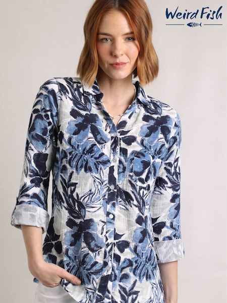 Weird Fish Blue Syona Cotton Doublecloth Printed Shirt (F27743) | £40