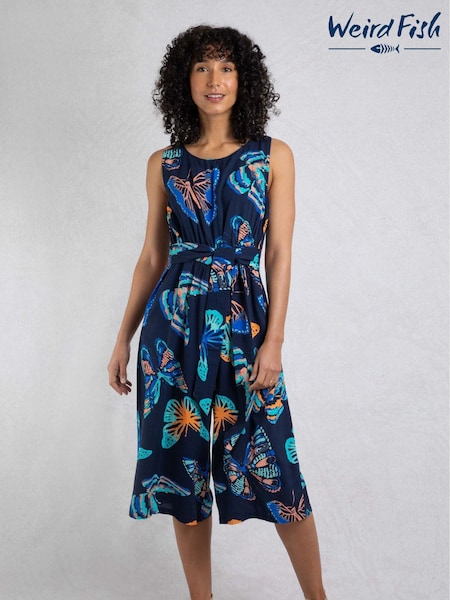 Weird Fish Navy Blue Nalani Viscose Printed Jumpsuit (F27745) | £60