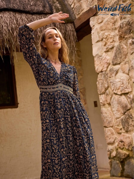 Weird Fish Blue Kerina Printed 100% Cotton Midi Dress (F27756) | £70