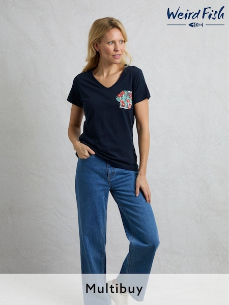 Weird Fish Blue No Rain Flowers 100% Cotton Slub Graphic Pocket T-Shirt (F27763) | £28