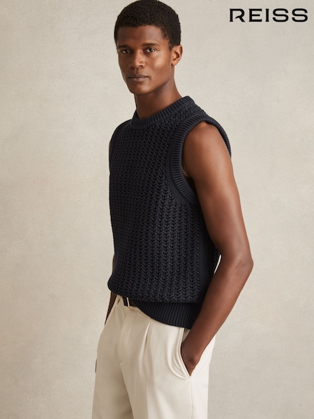Reiss Navy Bryant Cotton-Blend Crochet Vest (F27956) | £110