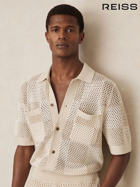 Reiss Taupe/Off White Alfred Cotton Chequerboard Crochet Shirt (F27968) | £140