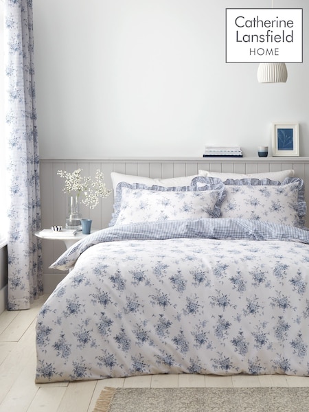 Catherine Lansfield Blue Lucie Floral Frill Reversible Duvet Cover Set (F28046) | £18 - £35