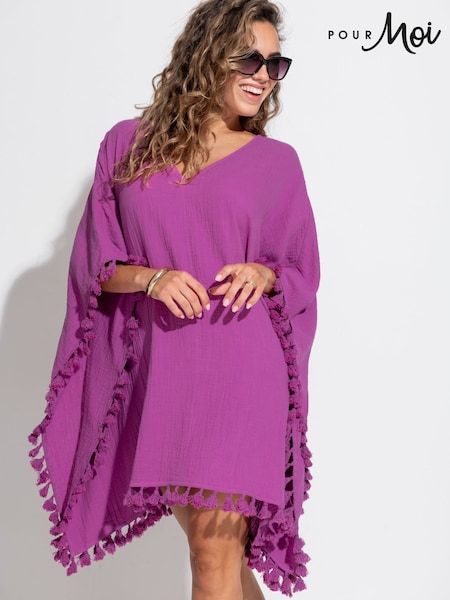 Pour Moi Purple Double Cloth Fringe Trim 100% Cotton Kaftan (F28126) | £36