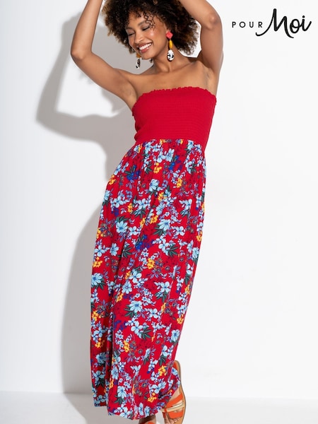 Pour Moi Red Strapless Shirred Bodice Woven Maxi Beach Dress (F28134) | £45