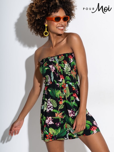 Pour Moi Black Strapless Shirred Bodice Woven Beach Playsuit (F28137) | £39