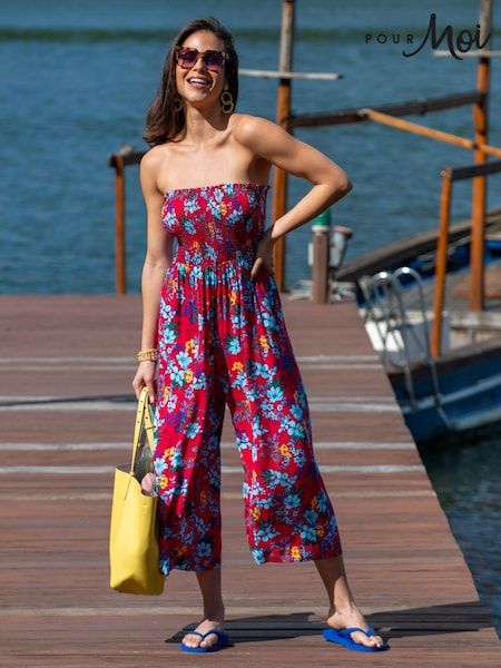 Pour Moi Red Strapless Shirred Bodice Crop Leg Beach Jumpsuit (F28142) | £45