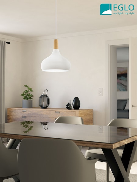 Eglo White Sabinar Metal and Wood Single Pendant Ceiling Light (F28164) | £70