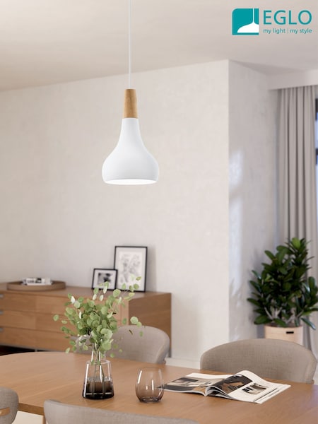 Eglo White Sabinar Metal and Wood Single Pendant Ceiling Light (F28173) | £52