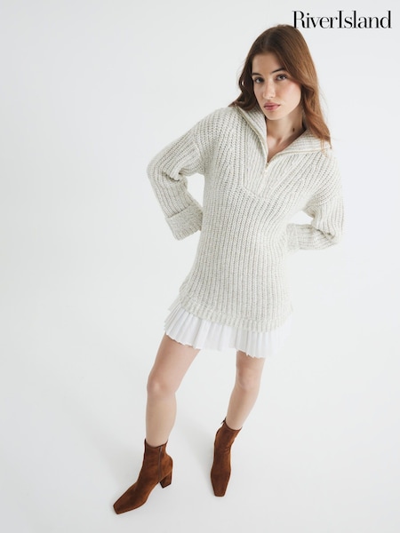 River Island Brown Knit Half Zip Pleated Jumper Dress (F28423) | £58