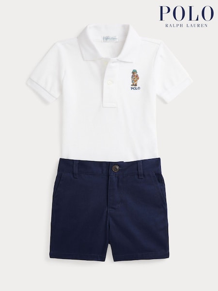Polo Ralph Lauren White Baby Boys Polo Bear 100% Cotton Polo Shirt and Shorts Set (F28464) | £125