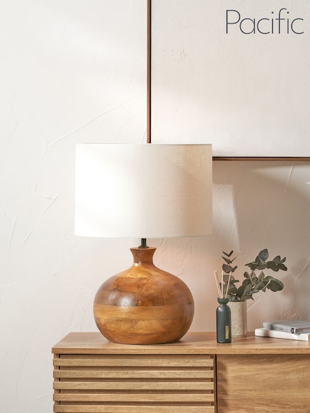 Pacific Lifestyle Brown Kiah Oiled Finish Mango Wood Round Table Lamp (F28588) | £210