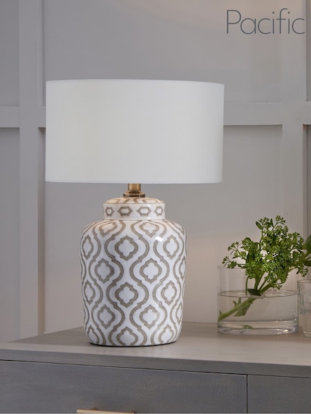Pacific Lifestyle Taupe Celia and White Pattern Ceramic Table Lamp (F28600) | £130