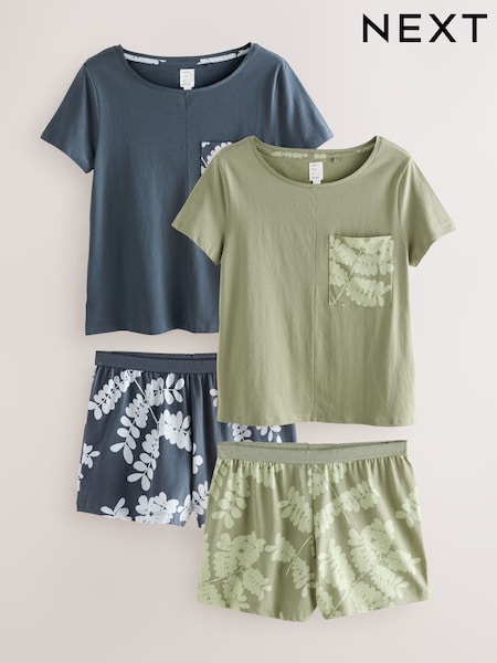 Blue/Sage Green Floral 100% cotton Short Set Pyjamas 2 Pack (F28693) | £26
