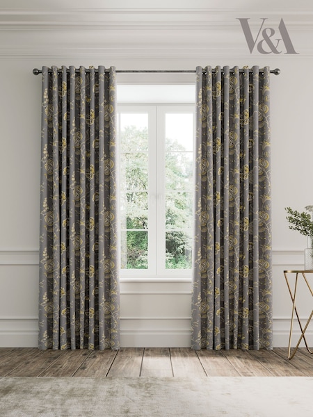 V&A Grey Palampore Trail Black Out Eyelet 100% Cotton Curtains (F28699) | £115 - £195