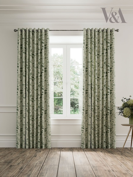 V&A Green Ornamental Bloom Black Out Eyelet 100% Cotton Curtains (F28701) | £115 - £195