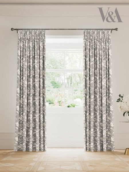 V&A Grey Daffodil Dreams Black Out Pencil Pleat 100% Cotton Curtains (F28703) | £115 - £195