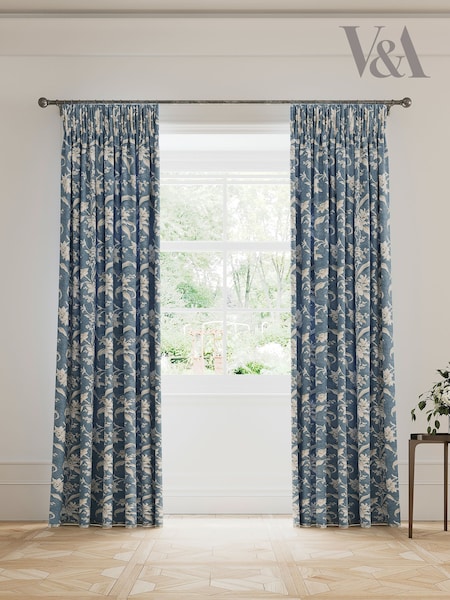 V&A Blue Daffodil Dreams Black Out Pencil Pleat 100% Cotton Curtains (F28704) | £115 - £195
