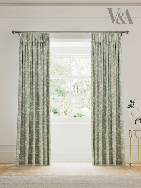 V&A Green Daffodil Dreams Black Out Pencil Pleat 100% Cotton Curtains (F28706) | £115 - £195