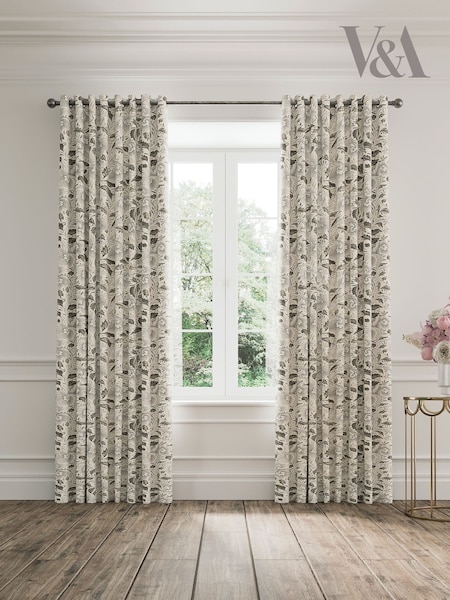 V&A Linen  Grey Ornamental Bloom Black Out Eyelet 100% Cotton Curtains (F28707) | £115 - £195
