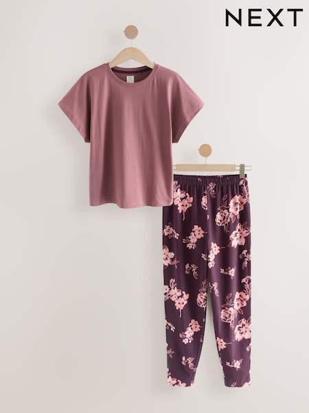 Purple Floral Print Cotton Short Sleeve Pyjamas (F28979) | £16