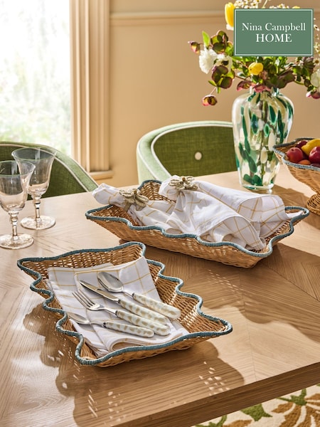 Nina Campbell Set of 2 Natural Teal Rattan Scalloped Edge Trays (F28997) | £42