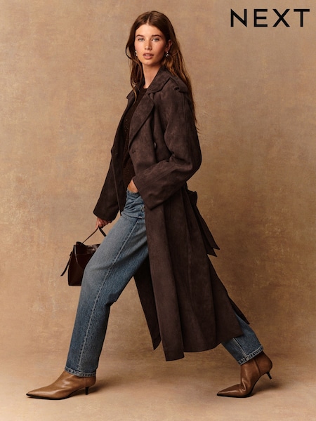 Chocolate Brown Faux Suede Trench Coat (F29049) | £96
