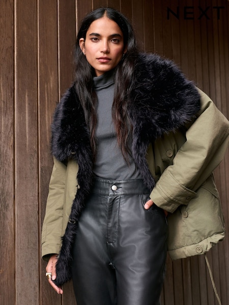 Khaki Green Parka with Contrast Faux Fur Trim (F29055) | £99