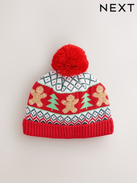 Red Gingerbread Baby Knitted Pom Christmas Beanie Hat (F29071) | £7