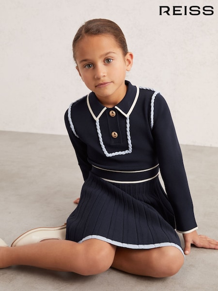 Reiss Navy Freya Piped Knitted Skater Dress (F29242) | £76