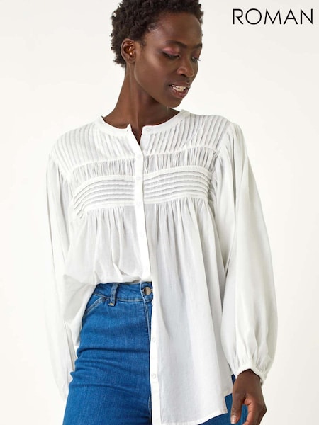 Roman White Pleat Detail Button Through 100% Cotton Blouse (F29471) | £40